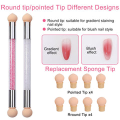 2 pièces Nail Art Rendering-Werkzeuge Doppelter Kopf, éponge pinceau applicateur Inkl 8 Ersatzköpfe, Nail Art Schwamm et Tupfpinsel (blanc, rose)