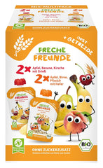 FRECHE FREUNDE Mélange Bio en sachet compressible multipack - Fruits + Céréales, Purée de fruits aux céréales en sachet compressible pour bébé à partir de 6 mois, vegan, pack de 3, 3 x (4 x 100g)