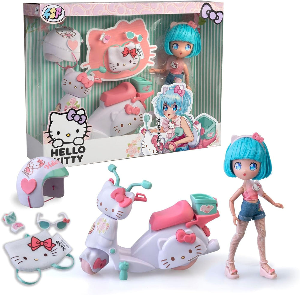 4SF - Pretty Pink Scooter, Japanische Fashion Puppe mit Motorrad, Figur von 19,5 cm mit 15 Gelenkpunkten, Inklusive Helm und Tasche, Trägt EIN Top mit Mikroschorts, Famosa (HKTF3000)