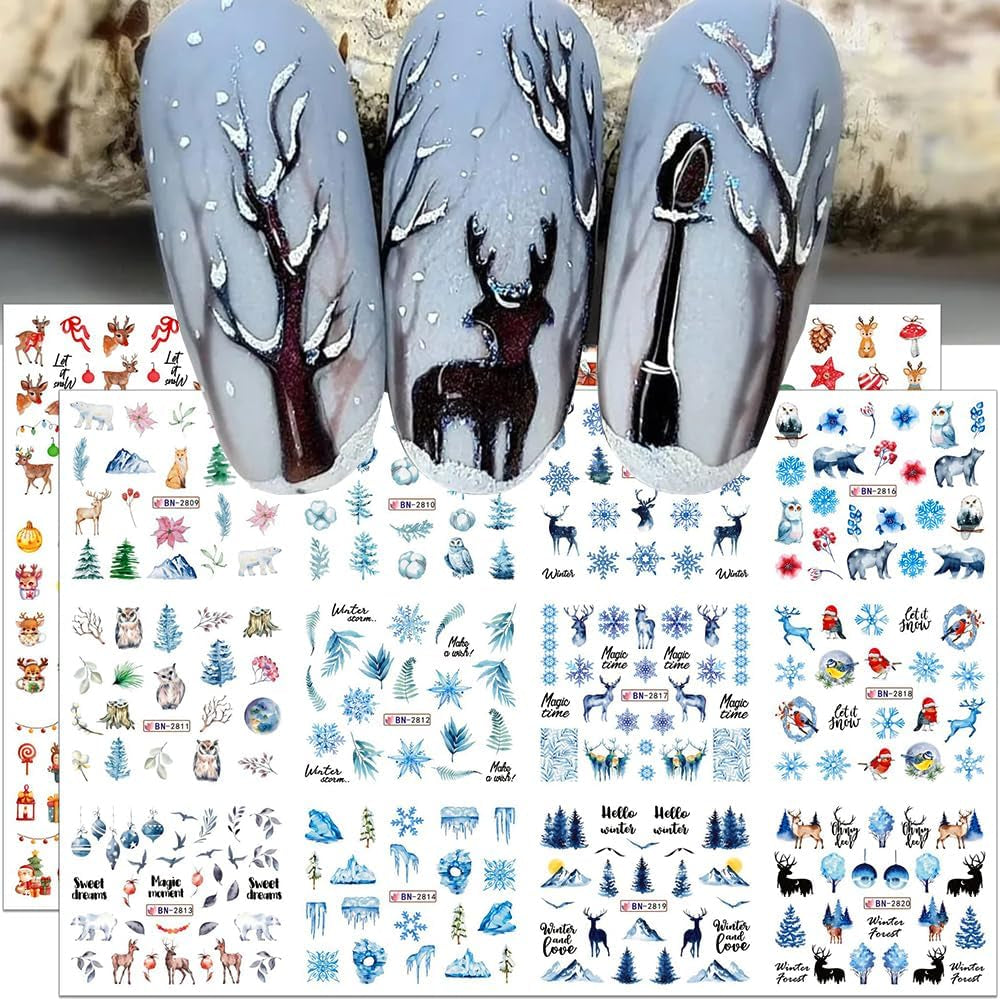 Autocollants pour ongles de Noël 3D auto-adhésifs à transfert d'eau, arbre de Noël, flocon de neige, élan, pingouin, nail art de Noël, dessins d'ongles d'hiver, autocollants de Noël, accessoires pour ongles