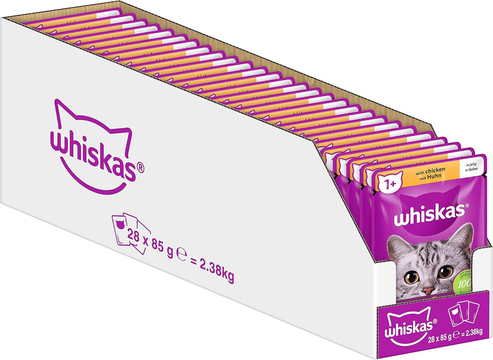 Whiskas 1+ nourriture humide pour chats au poulet en gelée, 28x85g (1 paquet) - Nourriture humide de haute qualité pour chats adultes en sachets de 28 portions