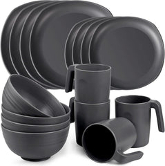 Set de veselă din PP | Set de veselă ușor și indestructibil, format din 16 piese, pentru copii și adulți, set combinat de masă cu 4 farfurii, 4 farfurii de desert, 4 boluri, 4 cești pentru 4 persoane