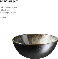 MÄSER Carellia service petit-déjeuner 12 pièces - céramique du Portugal - vernis réactif - 4 assiettes à dessert 23 cm, 4 bols 15 cm, 4 tasses à café 430 ml - passe au lave-vaisselle et au micro-ondes, gris