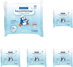 PAEDIPROTECT Lingettes humides pour bébé 1 x 10 pièces Lingettes humides à l'eau pour bébé sensible 99 % d'eau sans parfum Bébé et enfants Peau délicate Extrait de noix de coco Sans microplastique végétalien (paquet de 5)