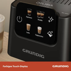 Espressor portafilter GRUNDIG KSM 5330 cu recipient de lapte integrat, putere 1628 W, presiune pompă 15 bar, duză dublă, afișaj tactil color, BrewSense, CreamyPro, Inox închis/Negru