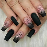 24 pièces automne noir français presse ongles rose fleur longs ongles colle sur faux ongles automne faux ongles ensemble avec accessoires