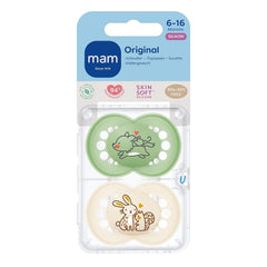 Sucettes MAM Original, paquet de 2, sucettes pour bébé respectueuses des dents, fabriquées à partir de matériaux durables et biorégénérables, tétines en silicone MAM SkinSoft, avec boîte à tétines, 6-16 mois, loup/lapin