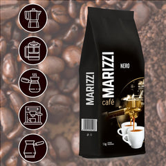 MARIZZI - Nero - 100% Arabica, Whole Kaffeebohnen - 1kg, Frisch, Dunkel Geröstet, Nussiger Nachgeschmack, Ideal Für Gastronomie, Büro & Zuhause, Italienische Kaffeegenuss, Aus Besten Ernte Amerikas