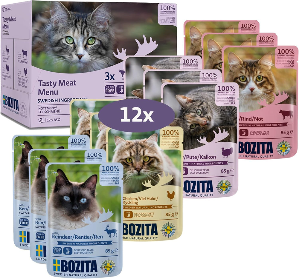 Bozita Morceaux de nourriture humide pour chats en sauce à la viande - 12 sachets x 85g Nourriture humide pour chats sans céréales ni blé - Nourriture humide pour chats adultes avec 8,5% de protéines et 4,5% de matières grasses