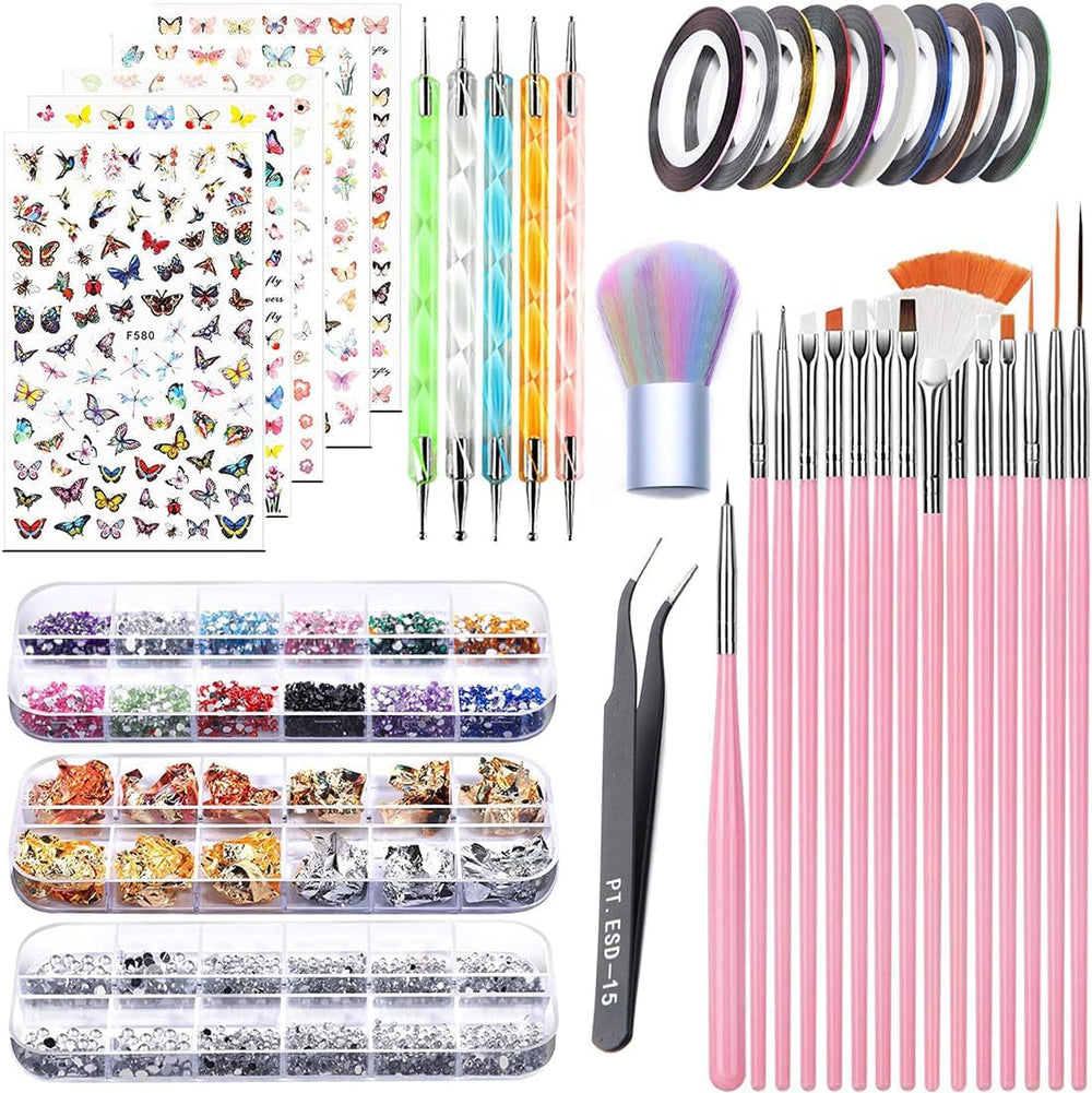 Ensemble d'autocollants et d'accessoires pour ongles - 5 autocollants pour ongles, pinceau, pierres, ruban décoratif, feuille d'or - Parfait pour la manucure et les ongles en gel - Ensemble de 50 pièces