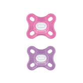 MAM Comfort Lot de 2 sucettes en silicone (0-2 mois), ensemble de sucettes pour prématurés et nouveau-nés avec boîte à sucettes, rose/violet