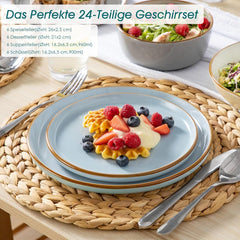 Ensemble de cuisine pour 6 personnes, vancasso RENO 24-tlg Steingut Teller Set Mix, Tafelservice mit je 6 Speiseteller, Dessertteller, Suppenteller, Müslischalen, Spülmaschinenfest & Mikrowellengeeignet, Mehrfarbig