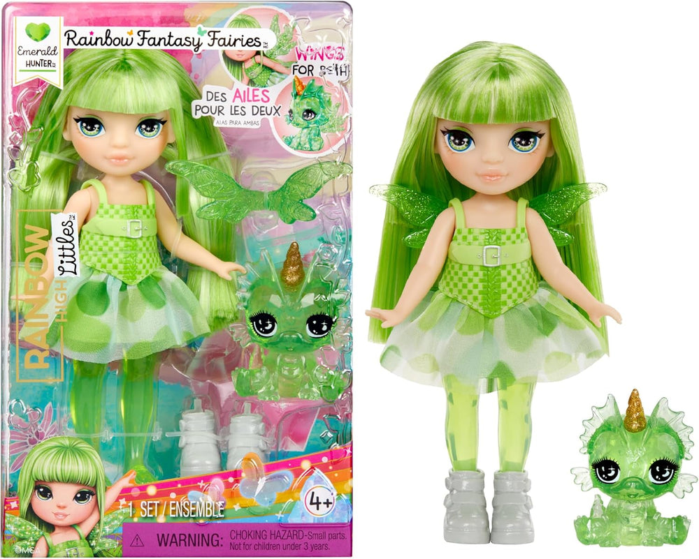 Rainbow High Littles Rainbow Fantasy Fairy and Pet - Émeraude, Vert - Petite poupée de dragon fantastique articulée de 14 cm avec ailes de fée interchangeables, joli cadeau pour les enfants à partir de 4 ans