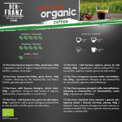 Café biologique Der-Franz Espresso, force 5/5, Arabica et Robusta biologiques, grains entiers Café Naty Shop