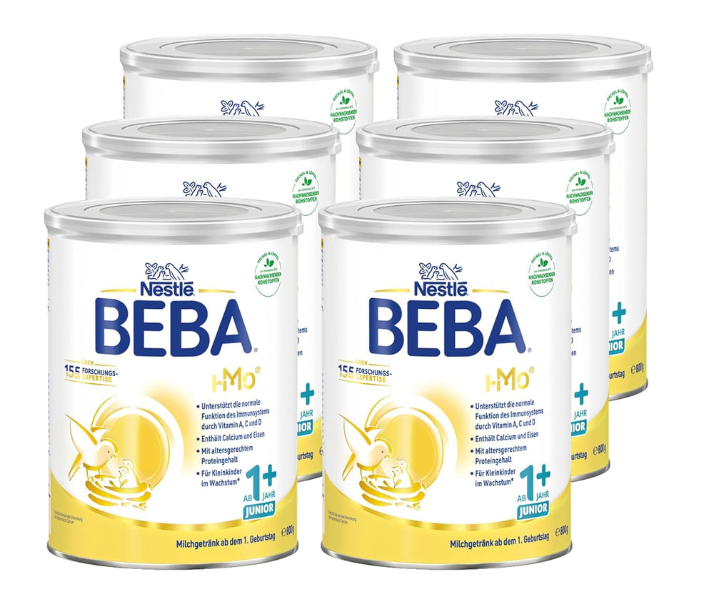 Boisson lactée BEBA Junior 1+ à partir de 1 an, Avec HMO, Teneur en protéines adaptée à l'âge, Lactose uniquement, Sans huile de palme, Sans huile de poisson, Aliments pour tout-petits, Lait en poudre pour bébé, Lot de 6 (6 x 800 g)