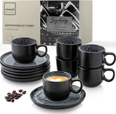 SANGER Sydney | Ensemble de 12 tasses à expresso en céramique, ensemble de tasses à moka pour 6, tasses et soucoupes, passe au lave-vaisselle et au micro-ondes, gris foncé, 80 ml | LA COLLECTION VALEUR
