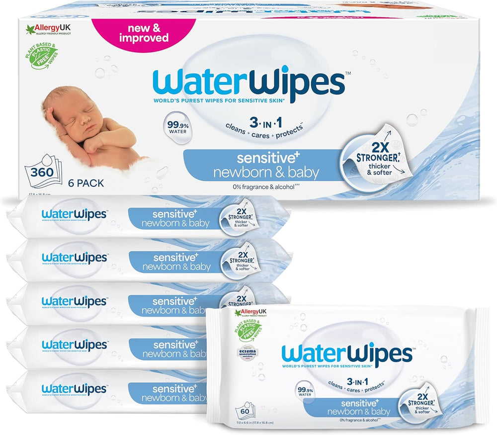 WaterWipes Sensitive+ Lingettes humides pour nouveau-nés et bébés, 360 pièces (paquet de 6), nettoyage 3 en 1, entretien, protection, 99,9 % d'eau, sans parfum