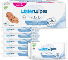 WaterWipes Sensitive+ Lingettes humides pour nouveau-nés et bébés, 360 pièces (paquet de 6), nettoyage 3 en 1, entretien, protection, 99,9 % d'eau, sans parfum