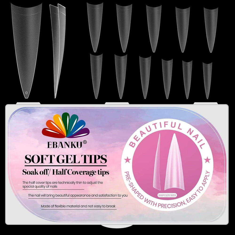 EBANKU 500 pcs Artificiel Faux Ongles Conseils Mat Doux Gel Clair Conseils Artificiels Ongles Conseils pour Extensions d'Ongles Faux Ongles Ensemble 12 Tailles-A