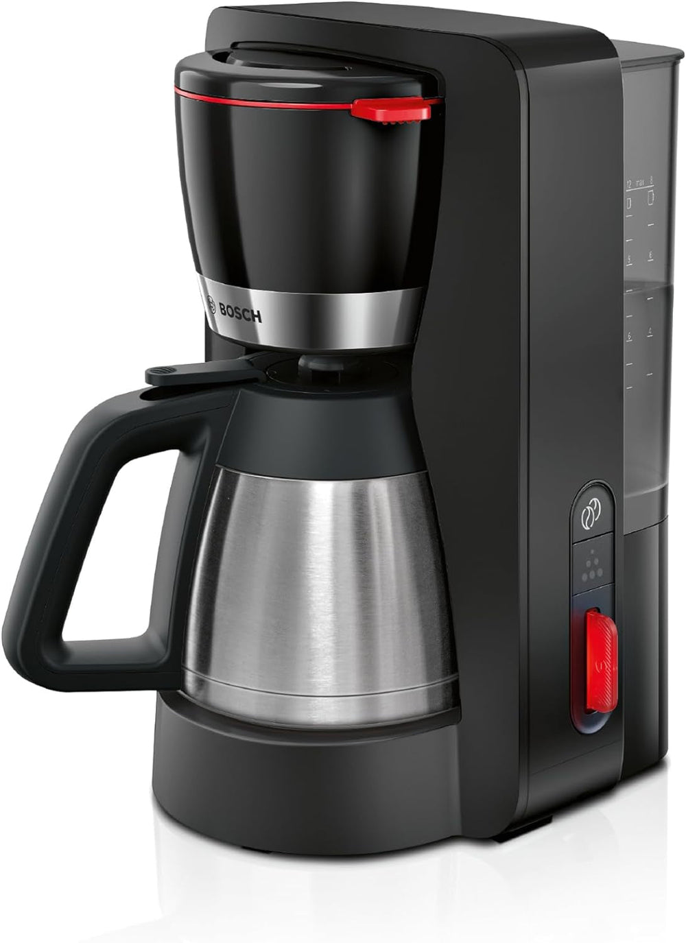 Bosch MyMoment TKA6M273 Machine à expresso à filtre, carafe thermique 1 L, 8-12 tasses, système anti-goutte, porte-filtre rotatif, programme de détartrage, réservoir d'eau amovible, 1200 W, noir mat