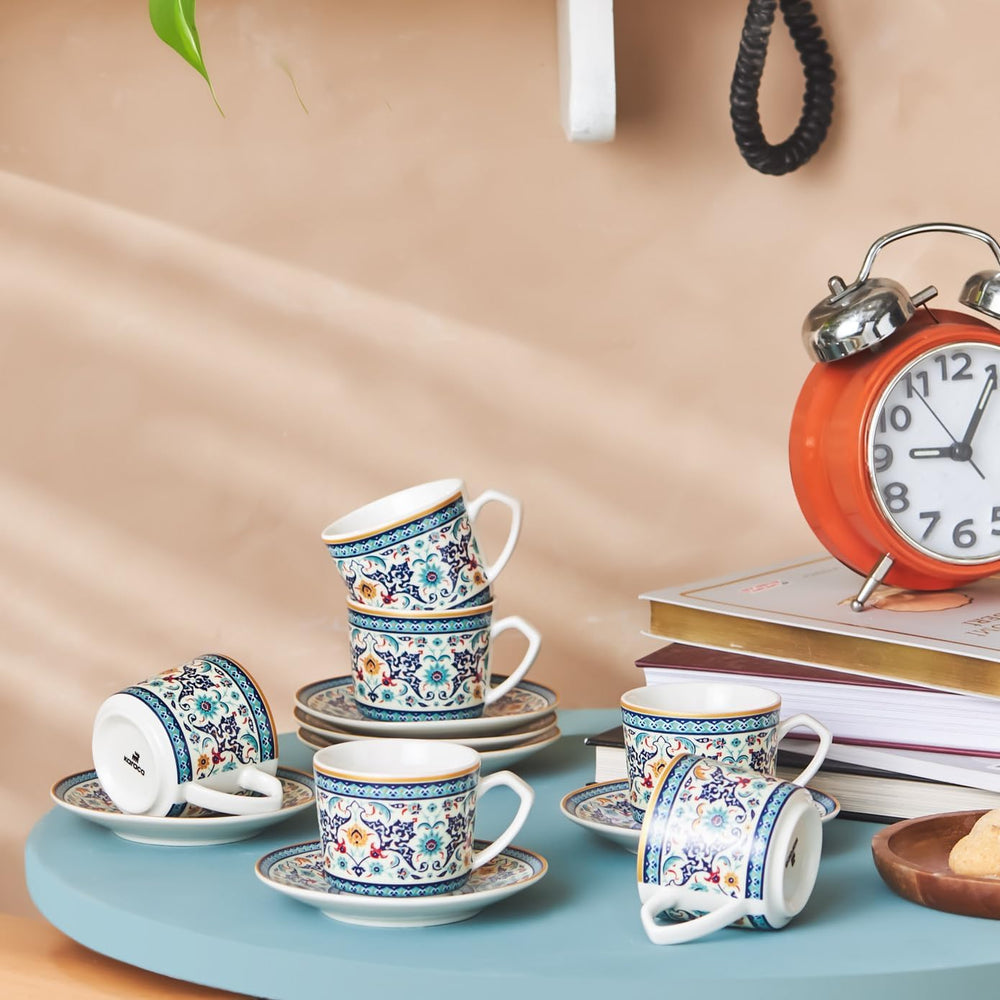 KARACA Beylerbeyi - Ensemble de 12 tasses à café turques, 6 tasses à expresso en porcelaine avec soucoupes, ensemble de tasses à expresso de 80 ml, design traditionnel - Bleu