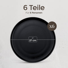 Ensemble d'assiettes en grès pour 6 personnes – Noir mat, 6 pièces, grandes assiettes allant au micro-ondes, design élégant – Collection Twinzee Ebony
