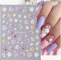 JMEOWIO 3D Nail Art Autocollant Fleur Nail Art Autocollant Selbstklebend Nagelaufkleber 5D Stéréoscopique Frühling Sommer Floral Décoration Nageldesign Zubehör 4 Blatt