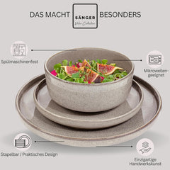 SÄNGER Cairo Clay | Set de veselă 24 piese, set de veselă din gresie pentru 6 persoane, 6 farfurii, 6 farfurii de desert, 6 boluri pentru paste, 6 boluri pentru servire, set de veselă gri | COLECȚIA VALUE