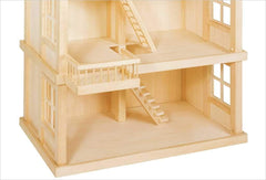 51957 Casă de păpuși din lemn, 65 x 35 x 87,5 cm – Casă de păpuși mare din lemn, 3 etaje, design deschis, acoperiș roșu, scări și balcon pentru jocuri de rol creative, lume de joacă tip casă de păpuși