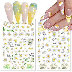 Autocollants pour ongles effet 3D, 12 feuilles, durcissement UV, fleur longue durée, autocollants pour ongles, marguerite jaune et blanche, pour Nail Art