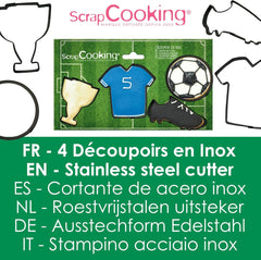 SCRAP COOKING 4 Forme de Biscuiți cu Forme de Fotbal – Forme de Biscuiți din Oțel Inoxidabil – Forme de Fotbal, Tricou, Pantofi, Pahar – Forme pentru Torturi Mici – Accesorii de Coacere, Decorațiuni de Ziua de Naștere – 2086
