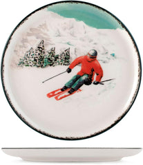 Winter Escape Service de table de Noël 12 pièces en grès – Design skieur d'hiver nordique – Passe au lave-vaisselle et au micro-ondes