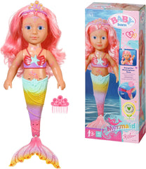 BABY Born Little Sister Mermaid Poupée sirène imperméable de 46 cm avec cheveux longs et nageoire scintillante mobile, jouet inclus. diadème et peigne, 833681 Zapf Creation Dolls Naty Shop Single
