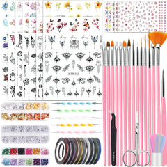 53 autocollants de perles, ensemble de pinceaux et de décorations pour nail art, 15 pinceaux, 5 stylos à points, strass, or noir pour l'art de l'art, les paillettes, les travaux d'art et les ensembles de décorations