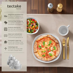 Service de table tectake® pour 12 personnes, service de table en porcelaine de 100 pièces, comprenant 12 assiettes, 12 assiettes à dessert, 12 assiettes plates, 12 tasses, 12 bols à céréales, un saladier, un pot à lait, un sucrier