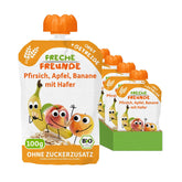 FRECHE FREUNDE Piure de fructe organic cu piersici, măr, banană și ovăz, cu cereale, într-o pungă compresibilă, pentru bebeluși de la 6 luni, vegan, pachet de 6 (6 x 100g)