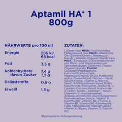 Aptamil HA 1 - Préparation pour nourrissons dès la naissance, avec DHA, sans lactose, sans huile de palme, nourriture pour bébé, lait en poudre, 1 x 800 g