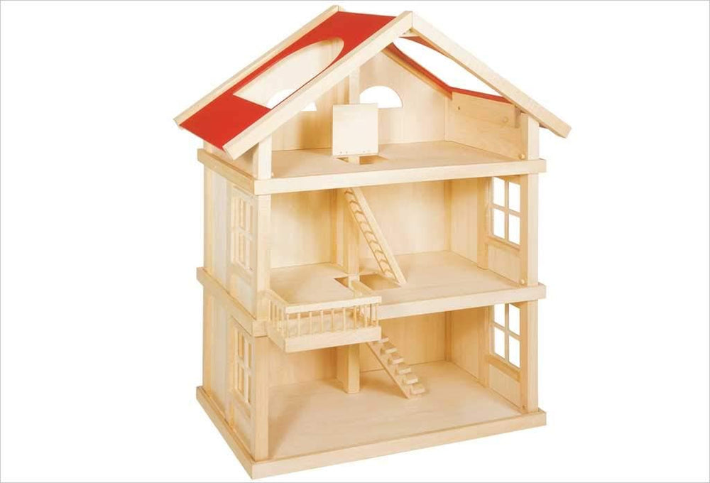 51957 Maison de poupée en bois, 65 x 35 x 87,5 cm – Grande maison de poupée en bois, 3 étages, design ouvert, toit rouge, escaliers et balcon pour jeux de rôle créatifs, monde de jeu de maison de poupée