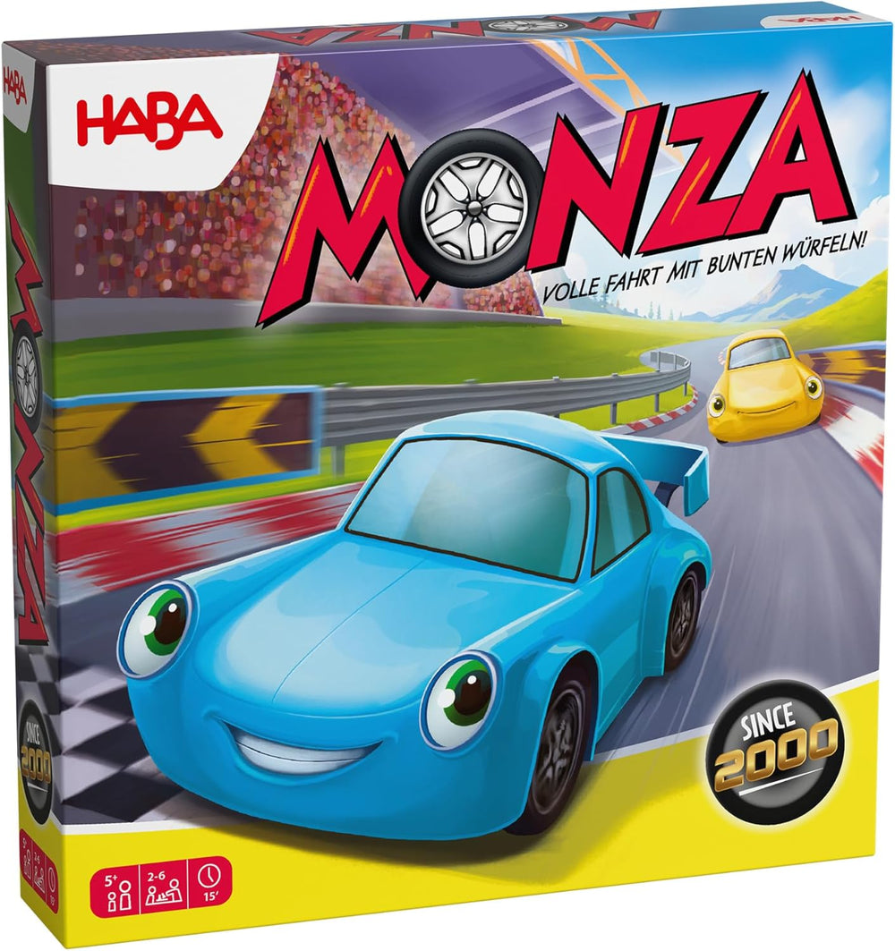 HABA Monza - Jeu de société rapide et jeu de course automobile pour enfants à partir de 5 ans - Avec 6 voitures en bois colorées et dés colorés - 2012226001