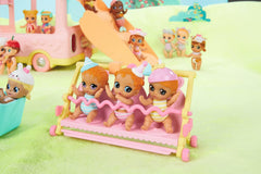 BABY born 904763 Baby Surprise Bus - mini bus jouet pour poupée rose avec 2 poupées exclusives, poussette triple, balançoire, carrousel, toboggan et balançoire triple.
