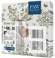 PAW - Serviettes 3 épaisseurs (33 x 33 cm) I 20 pièces I Parfaites pour les anniversaires d'enfants, les fêtes, les communions et les vacances I Serviettes en papier à motif de fête colorées I Animaux, Joie, Fête - Bois