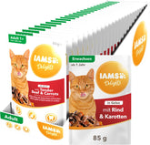 IAMS Delights Hrană umedă pentru pisici cu vită suculentă și morcovi în jeleu - Hrană umedă completă pentru pisici adulte, 24 pliculețe x 85g