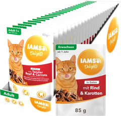 IAMS Delights Nourriture humide pour chat au bœuf juteux et carottes en gelée – Nourriture humide complète pour chat adulte, 24 sachets x 85 g