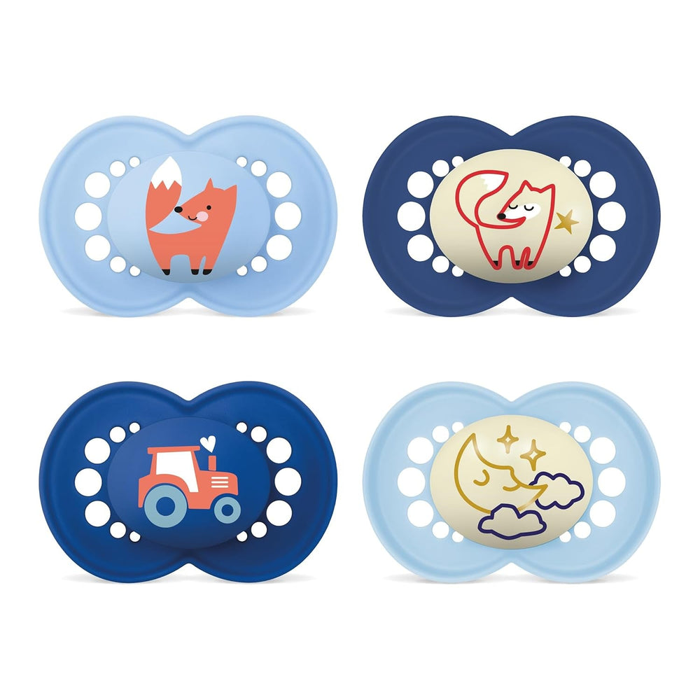 Sucette MAM Original Day & Night Matt | 6-16 mois | Acceptation 94% | La tétine pour bébé aide à prévenir l'alignement indésirable des dents | Développé en collaboration avec des dentistes | Silicone SkinSoft | Renard/Lune | Paquet de 4