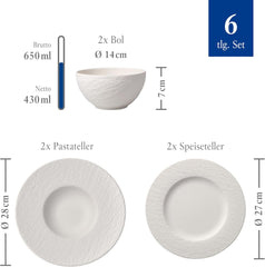 Villeroy & Boch - Manufacture Rock Blanc Geschirrset 6 teilig weiß, Spülmaschinenfest, Mikrowellensicher, Geschirr Modern, Starter Set, Speiseteller, Pastateller, Müslischalen, Premium Porzellan