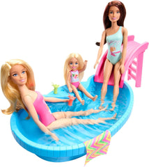 Poupée Barbie et accessoires - piscine avec toboggan et accessoires pour des heures de plaisir au soleil, maillot de bain rose au design tropical, pour enfants à partir de 3 ans, HRJ74 Naty Shop Dollhouses