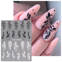 JMEOWIO Autocollants pour ongles 3D Noir Blanc Fleurs Nail Art Autocollants Autocollants pour ongles 5D Stéréoscopiques Fleurs Décoration Nageldesign Zubehör 4 Blatt