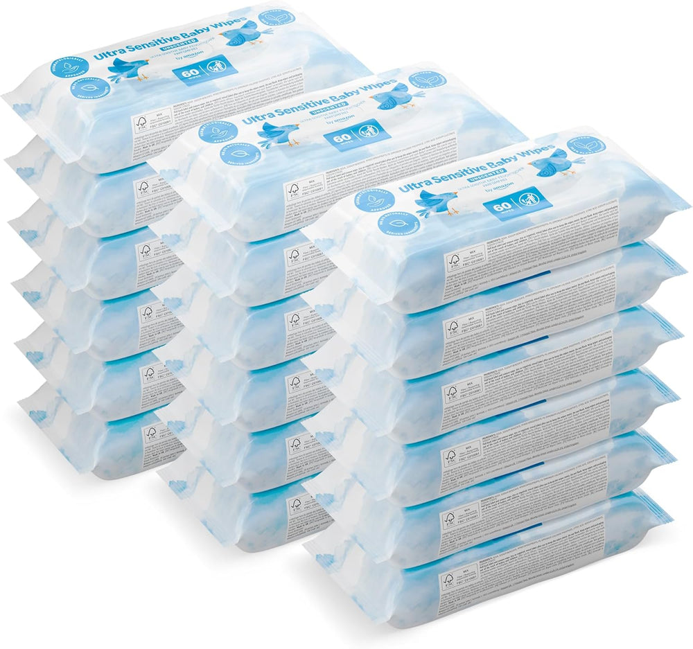 Lingettes pour bébé Amazon Ultra Sensitive, 100 % fibres végétales, 99 % eau, 1080 lingettes, non parfumées, 18 paquets de 60 lingettes chacun (anciennement vendues sous la marque Mama Bear, produit identique)
