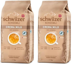 Schwiizer Schüümli Crema Doux, 100 % grains de café Arabica de qualité supérieure, fruité et noisette, pour machines à café entièrement automatiques, intensité 2/5, torréfaction légère, certifié Rainforest Alliance, 1 kg (lot de 2)