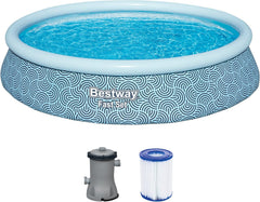 Set piscină supraterană Bestway Fast Set cu pompă de filtrare, Ø 396 x 84 cm, 7.340 litri, material TriTech cu 3 straturi, design grafic cu linii, autoasamblare, pompă de filtrare, cartuș de filtrare, plasture de reparare